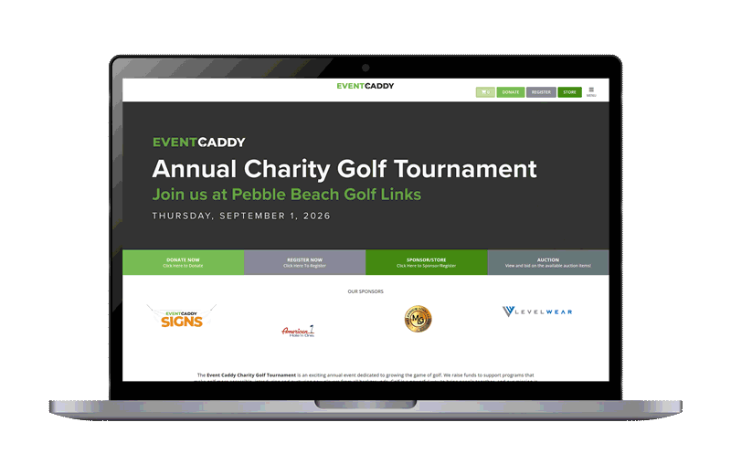 Laptop displaying an Event Caddy tournament website with registration and sponsor sections