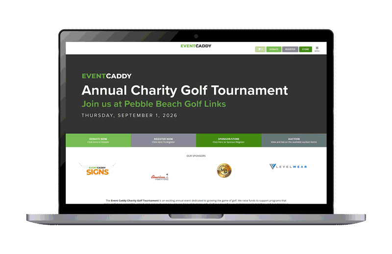 Laptop displaying an Event Caddy tournament website with registration and sponsor sections