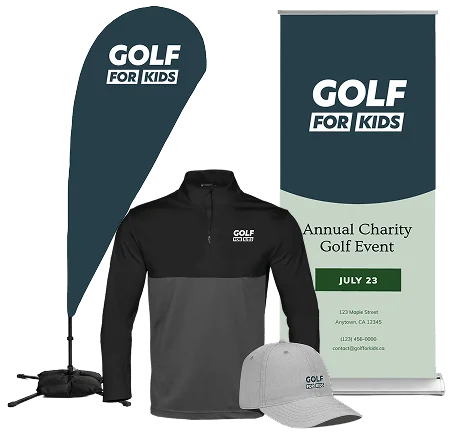 Golf For Kids branded tournament merchandise from the Event Caddy Marketplace, including a feather flag, pull-up banner, quarter-zip pullover, and baseball cap